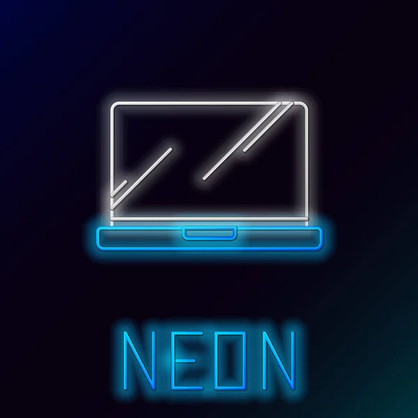 Blauwe gloeiende neon lijn laptop pictogram geïsoleerd op zwarte achtergrond. Computer notebook met leeg scherm teken. Kleurrijk overzichts concept. Vector illustratie — Stockvector