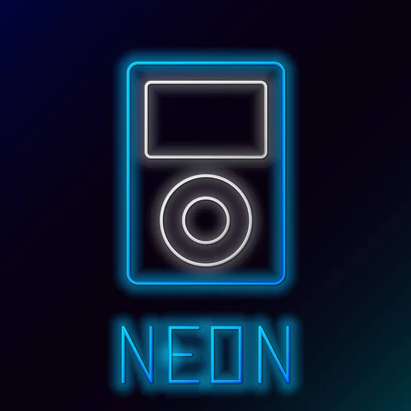 Azul brilhante neon line ícone leitor de música isolado no fundo preto. Dispositivo de música portátil. Conceito de esboço colorido. Ilustração vetorial — Vetor de Stock