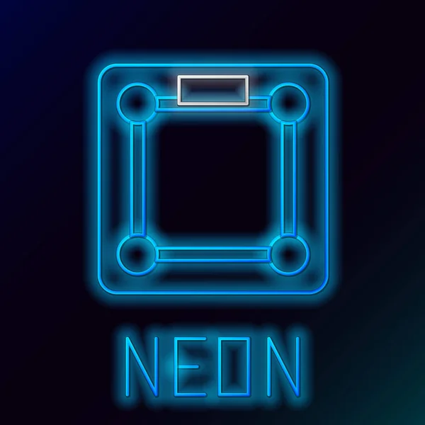 Blauw gloeiende neon lijn Badkamer schalen pictogram geïsoleerd op zwarte achtergrond. Gewicht meten Apparatuur. Gewichtsschaal fitness sport concept. Kleurrijk concept. Vector Illustratie — Stockvector