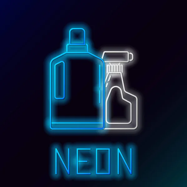 Ligne néon bleu brillant Bouteilles en plastique pour détergent à lessive liquide, eau de Javel, liquide vaisselle ou autre icône de nettoyant sur fond noir. Concept de contour coloré. Illustration vectorielle — Image vectorielle