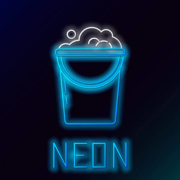 Blå glödande neon linje Bucket med skum och bubblor ikon på svart bakgrund. Städtjänstkoncept. Färgstarkt skisskoncept. Vektor Illustration — Stock vektor