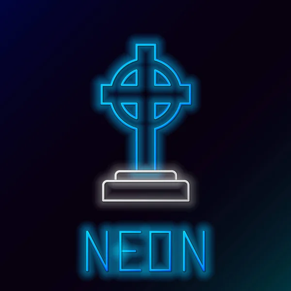 Azul brillante línea de neón lápida con icono de la cruz aislado sobre fondo negro. Icono de tumba. Concepto de esquema colorido. Ilustración vectorial — Vector de stock