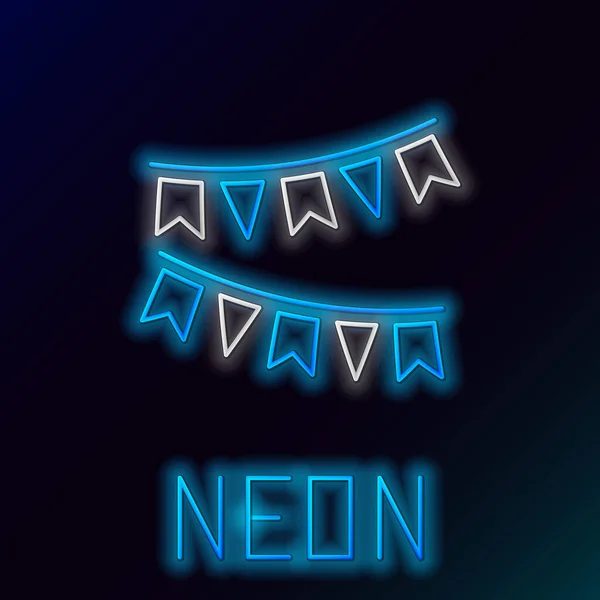 Linea neon blu brillante Ghirlanda di carnevale con icona delle bandiere su sfondo nero. Appendiabiti per feste di compleanno, festival e decorazioni eque. Concetto di contorno colorato. Illustrazione vettoriale — Vettoriale Stock