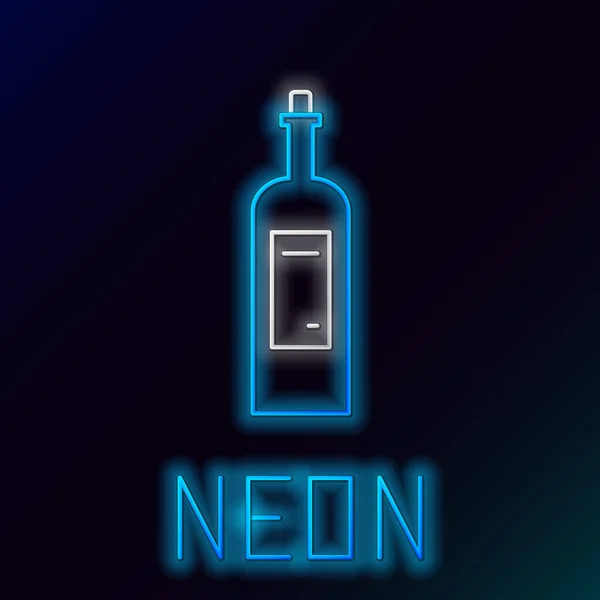 Blau leuchtende neonfarbene Flasche mit Weinsymbol isoliert auf schwarzem Hintergrund. Buntes Rahmenkonzept. Vektorillustration — Stockvektor