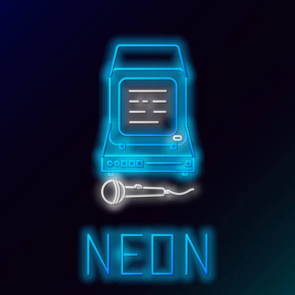 Modrá zářící neonová čára ikona Karaoke izolovaná na černém pozadí. Mikrofon a monitor. Barevný koncept. Vektorová ilustrace — Stockový vektor