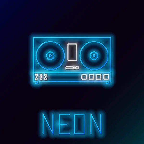 Azul brilhante neon linha DJ remoto para tocar e misturar ícone de música isolada em fundo preto. DJ mixer completo com leitor de vinil e controle remoto. Conceito de esboço colorido. Ilustração vetorial —  Vetores de Stock