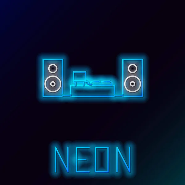 Blå glödande neon line Hem stereo med två högtalare ikon isolerad på svart bakgrund. Musiksystem. Färgstarkt skisskoncept. Vektor Illustration — Stock vektor