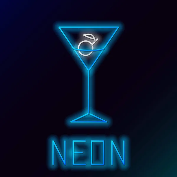 Azul brillante línea de neón Martini icono de vidrio aislado sobre fondo negro. Icono de cóctel. Icono de copa de vino. Concepto de esquema colorido. Ilustración vectorial — Vector de stock