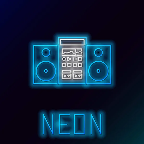 Blue glowing neon line Home stereo with two speakers icon isolated on black background. Music system. Colorful outline concept. Vector Illustration — Stock Vector