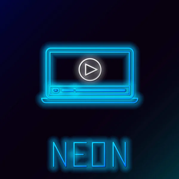 Μπλε λαμπερό νέον γραμμή Online αναπαραγωγή εικονίδιο βίντεο απομονώνονται σε μαύρο φόντο. Φορητός υπολογιστής και ταινία με σήμα αναπαραγωγής. Πολύχρωμο περίγραμμα έννοια. Εικονογράφηση διανύσματος — Διανυσματικό Αρχείο