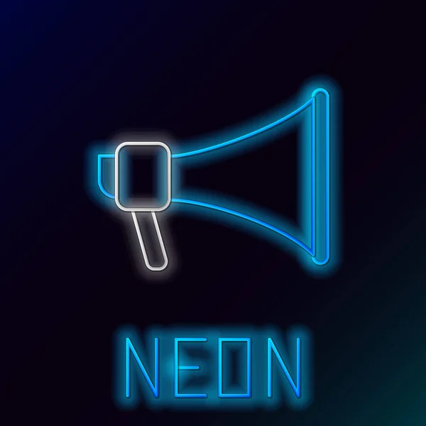 Blaues leuchtendes Neonzeilen-Megafon-Symbol isoliert auf schwarzem Hintergrund. Lautsprecherzeichen. Buntes Rahmenkonzept. Vektorillustration — Stockvektor