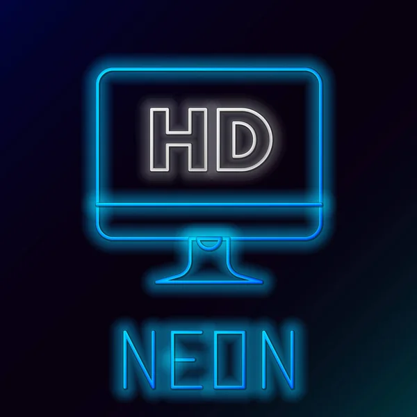 Linea neon luminosa blu Display per PC per computer con icona della tecnologia video HD isolato su sfondo nero. Concetto di contorno colorato. Illustrazione vettoriale — Vettoriale Stock