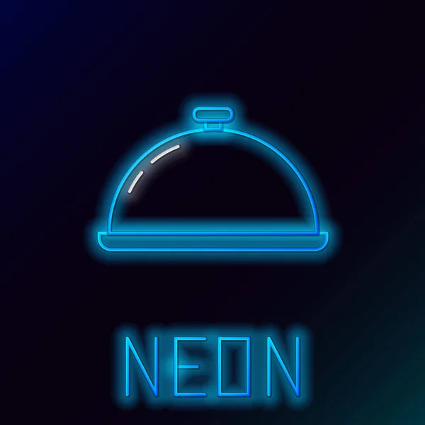 Kék fénylő neon vonal borított egy tálca élelmiszer-ikon izolált fekete háttér. Tálca és fedéljel. Étterem Cloche fedéllel. Konyhaedények szimbóluma. Színes vázlatfogalom. Vektoros illusztráció — Stock Vector