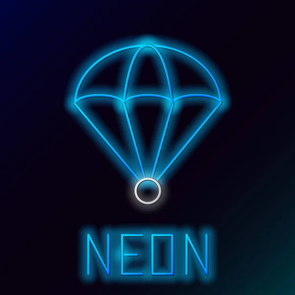 Blau leuchtende Leuchtschrift Fallschirm Symbol isoliert auf schwarzem Hintergrund. Buntes Rahmenkonzept. Vektorillustration — Stockvektor