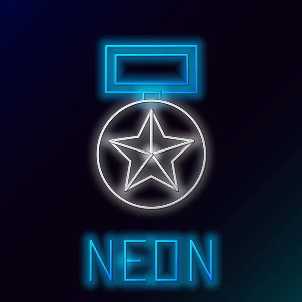 Blue glowing neon line Military reward medal icon isolated on black background. Army sign. Colorful outline concept. Vector Illustration — ストックベクタ