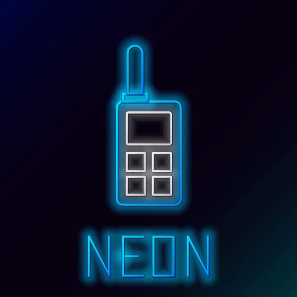 Blauwe gloeiende neon lijn Walkie talkie icoon geïsoleerd op zwarte achtergrond. Draagbare radio zender icoon. Radio zendontvanger teken. Kleurrijk concept. Vector Illustratie — Stockvector