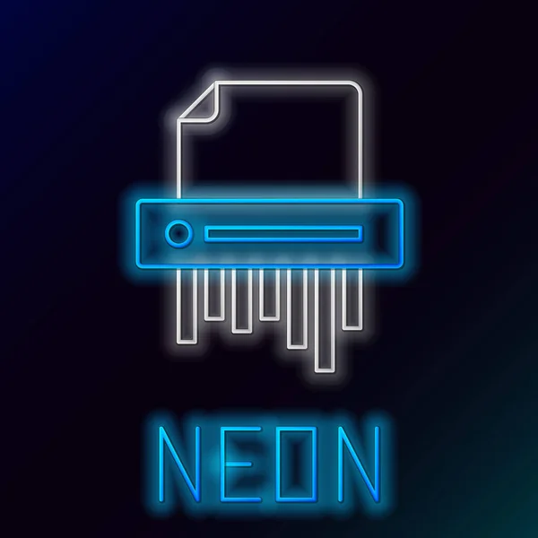 Blauwe gloeiende neon lijn Papier shredder vertrouwelijke en prive-document kantoor informatie bescherming pictogram geïsoleerd op zwarte achtergrond. Kleurrijk concept. Vector Illustratie — Stockvector