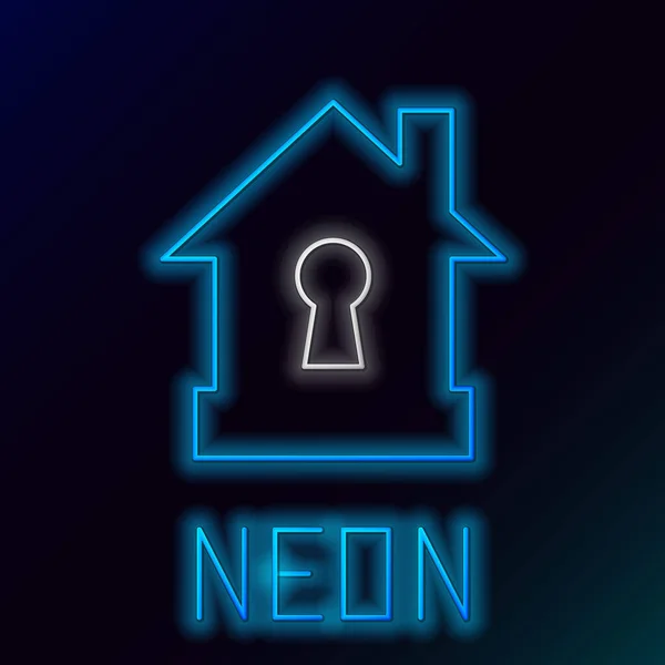 Blauwe gloeiende neon lijn Huis onder bescherming pictogram geïsoleerd op zwarte achtergrond. Bescherming, veiligheid, beveiliging, bescherming, defensie concept. Kleurrijk concept. Vector Illustratie — Stockvector