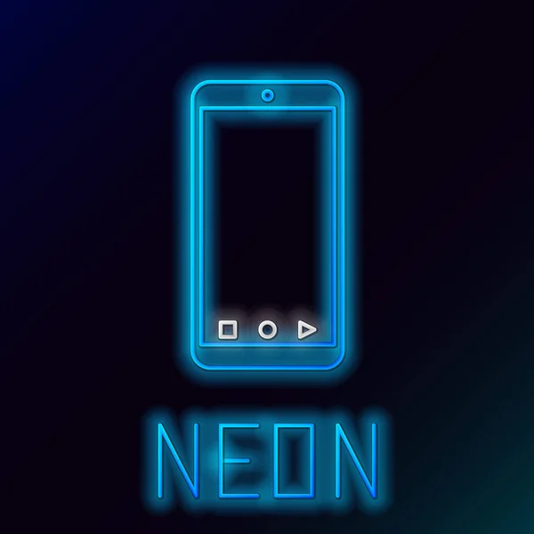 Siyah arkaplanda izole edilmiş uygulama dağıtım ikonu olan mavi parıldayan neon hattı mobil akıllı telefon. Paket takibi. Renkli taslak konsepti. Vektör İllüstrasyonu — Stok Vektör