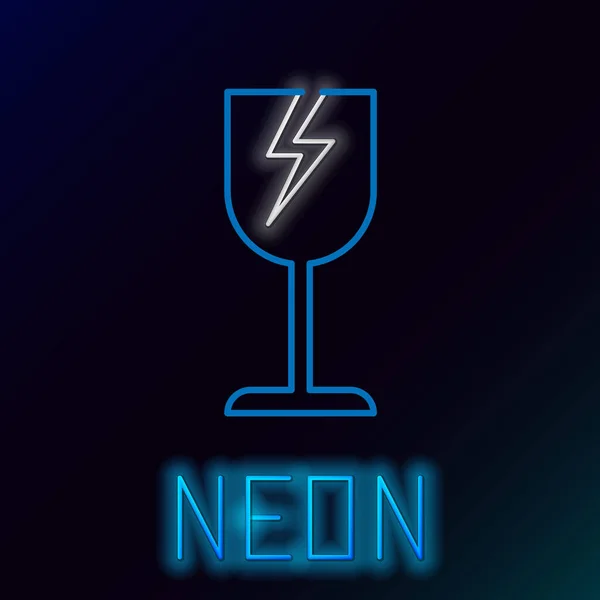 Modrá zářící neonová čára Křehký symbol rozbitého skla pro ikonu doručovacích schránek izolovaných na černém pozadí. Barevný koncept. Vektorová ilustrace — Stockový vektor