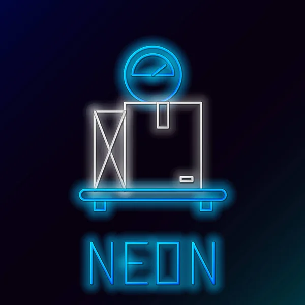 Blue glowing neon line Scale with cardboard box icon isolated on black background. Logistic and delivery. Weight of delivery package on a scale. Colorful outline concept. Vector Illustration — ストックベクタ