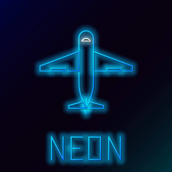 Blue glowing neon line Plane icon isolated on black background. Delivery, transportation. Cargo delivery by air. Airplane with parcels, boxes. Colorful outline concept. Vector Illustration — ストックベクタ