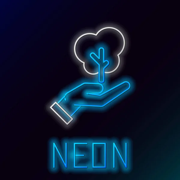 Blauwe gloeiende neon lijn Boom in de hand van de bescherming van het milieu icoon geïsoleerd op zwarte achtergrond. Zaad en zaailing. Het planten van jonge boompjes. Ecologisch concept. Kleurrijk concept. Vector Illustratie — Stockvector