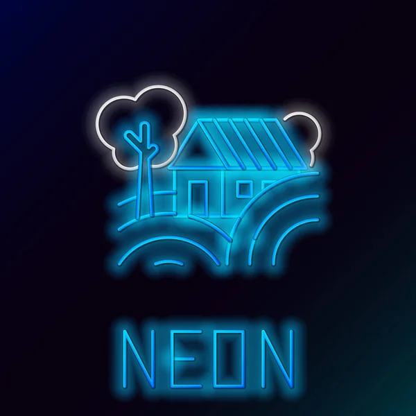 Kék ragyogó neon line Farm House koncepció ikon elszigetelt fekete háttérrel. Rusztikus tájkép. Színes vázlat koncepció. Vektorillusztráció — Stock Vector