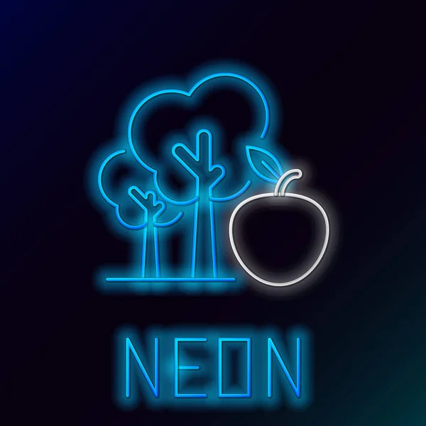 Blue glowing neon line Tree with apple icon isolated on black background. Agricultural plant. Organic farm product. Gardening theme. Colorful outline concept. Vector Illustration — ストックベクタ