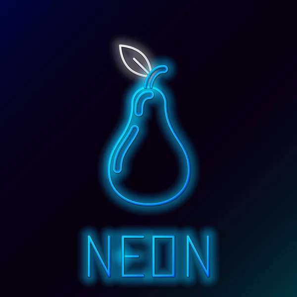 Blau leuchtende Neon Line Birne Symbol isoliert auf schwarzem Hintergrund. Früchte mit Blattsymbol. Buntes Rahmenkonzept. Vektorillustration — Stockvektor