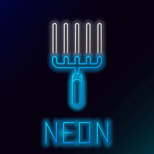 Blue glowing neon line Garden rake in work icon isolated on black background. Tool for horticulture, agriculture, farming. Ground cultivator. Colorful outline concept. Vector Illustration — ストックベクタ