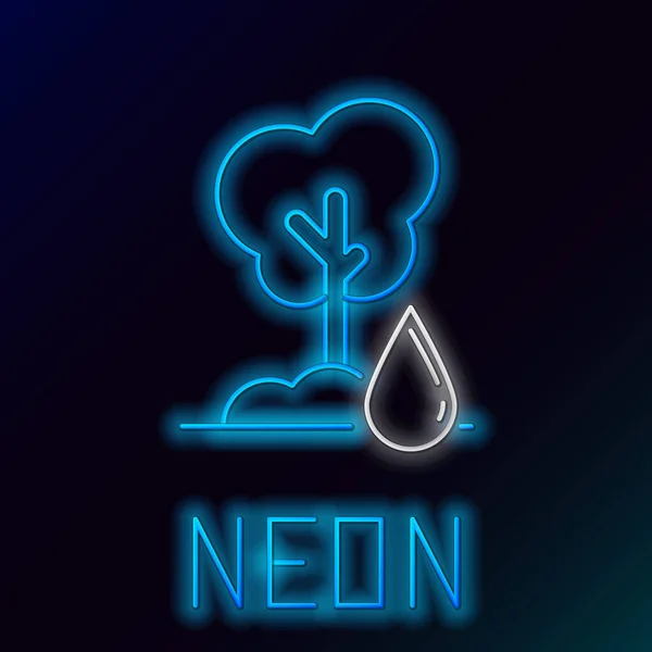 Blauwe gloeiende neon lijn Watering Tree pictogram geïsoleerd op zwarte achtergrond. Bossymbool. Irrigatie symbool. Kleurrijk concept. Vector Illustratie — Stockvector