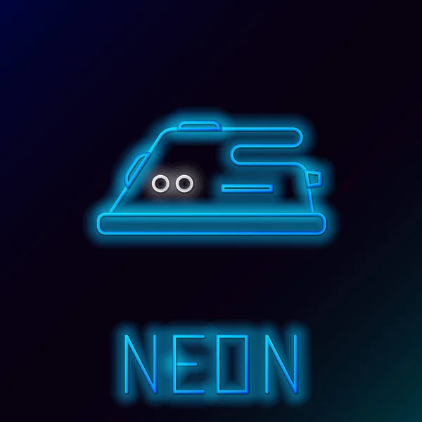 Blauw gloeiende neon lijn Elektrisch ijzeren pictogram geïsoleerd op zwarte achtergrond. Stoomstrijkijzer. Kleurrijk concept. Vector Illustratie — Stockvector