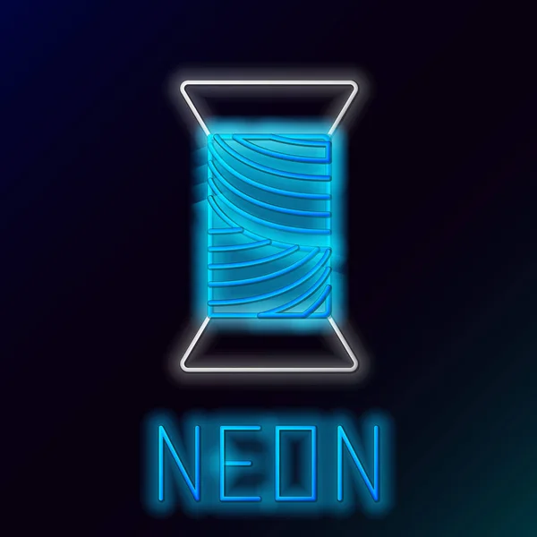 Blau leuchtende Neon-Linie Nähgarn auf Spule Symbol isoliert auf schwarzem Hintergrund. Garnspule. Fadenspule. Buntes Rahmenkonzept. Vektorillustration — Stockvektor