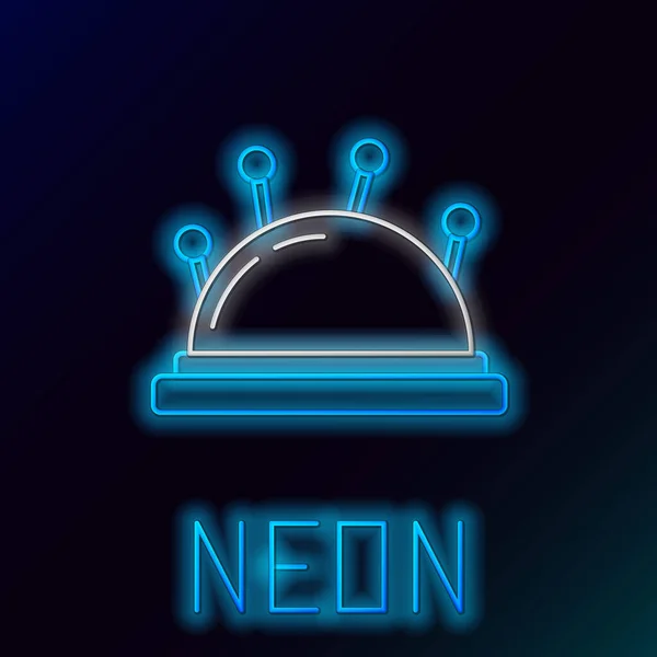 Linea neon luminosa blu Icona del letto ad ago e degli aghi isolata su sfondo nero. Tema fatto a mano e cucito. Concetto di contorno colorato. Illustrazione vettoriale — Vettoriale Stock