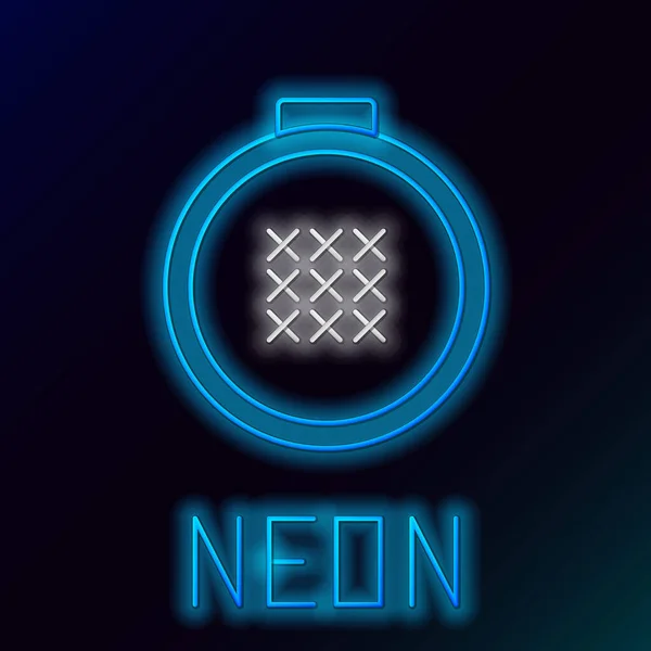 Blau leuchtende Neon-Linie rund verstellbaren Stickrahmen Symbol isoliert auf schwarzem Hintergrund. Faden und Nadel zum Besticken. Buntes Rahmenkonzept. Vektorillustration — Stockvektor