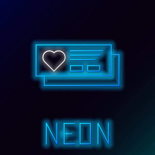 Blauw gloeiende neon lijn Ticket met hart pictogram geïsoleerd op zwarte achtergrond. Instapkaart met hart en ziel. Kleurrijk concept. Vector Illustratie — Stockvector