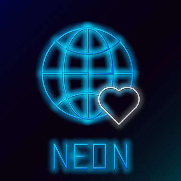 Mavi parlak neon çizgisi Kalp dünyası - aşk simgesi siyah arkaplanda izole. Renkli taslak konsepti. Vektör İllüstrasyonu — Stok Vektör