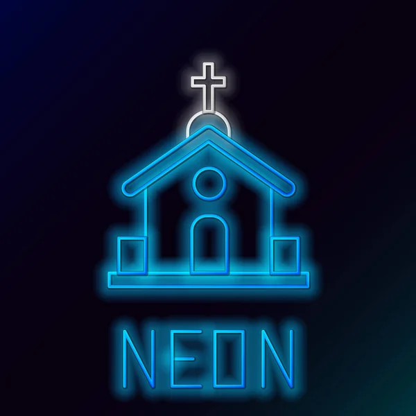 Blue glowing neon line Church building icon isolated on black background. Christian Church. Religion of church. Colorful outline concept. Vector Illustration — Stock Vector