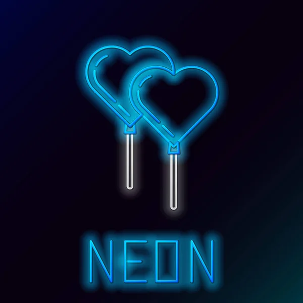 Azul brillante línea de neón Globos en forma de corazón con icono de cinta aislada sobre fondo negro. Concepto de esquema colorido. Ilustración vectorial — Vector de stock