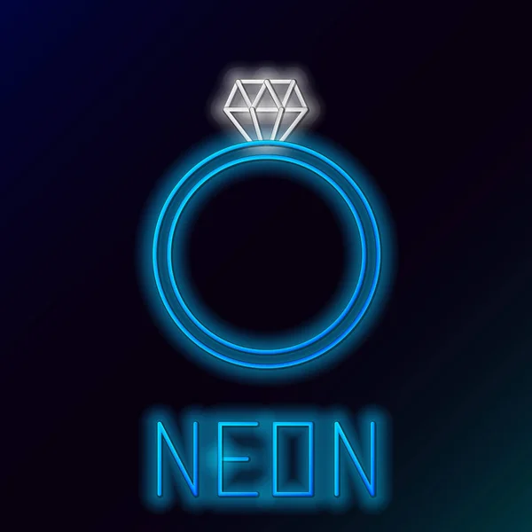 Blauw gloeiende neon lijn Diamant verlovingsring pictogram geïsoleerd op zwarte achtergrond. Kleurrijk concept. Vector Illustratie — Stockvector