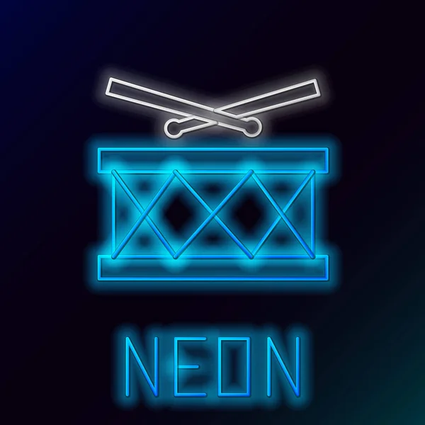 Niebieski świecący neon linii Bęben z ikoną pałeczek perkusyjnych izolowane na czarnym tle. Znak muzyczny. Symbol instrumentu muzycznego. Kolorowy koncept. Ilustracja wektora — Wektor stockowy