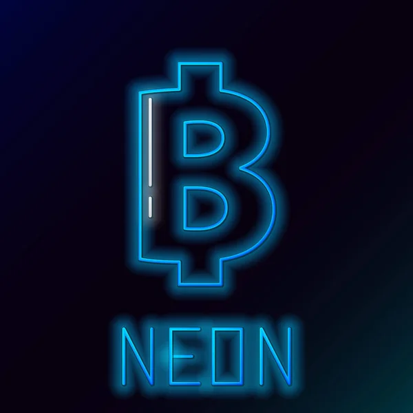 Blå glödande neon linje Cryptocurrency mynt Bitcoin ikon på svart bakgrund. Fysiskt bitmynt. Blockkedjebaserad säker kryptovaluta. Färgstarkt skisskoncept. Vektor Illustration — Stock vektor