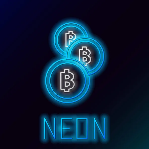 Azul brilhante neon line Criptomoeda moeda Bitcoin ícone no fundo preto. Moeda física. Blockchain baseado em moeda criptomoeda segura. Conceito de esboço colorido. Ilustração vetorial — Vetor de Stock