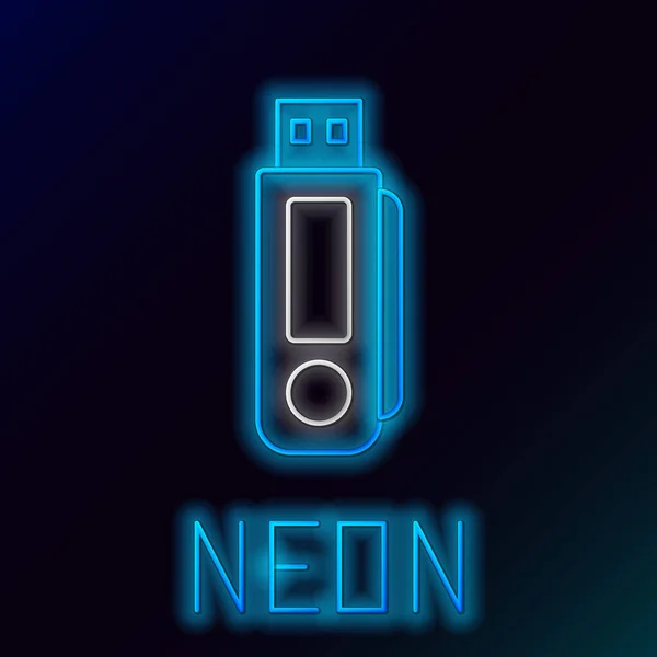 Blue glowing neon line USB flash drive icon on black background. Colorful outline concept. Vector Illustration — ストックベクタ