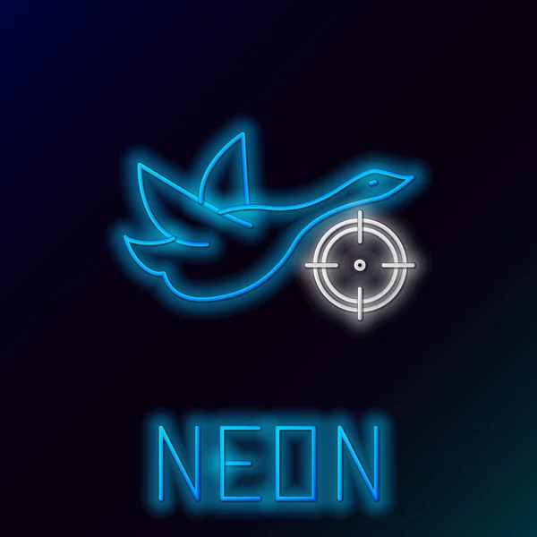 Blauwe gloeiende neon lijn Hunt op eend met dradenkruis pictogram geïsoleerd op zwarte achtergrond. Jachtclublogo met eend en doel. Rifle lens gericht op een eend. Kleurrijk concept. Vector Illustratie — Stockvector