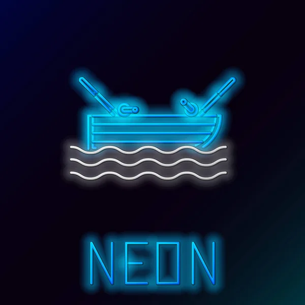 Niebieski świecący neon linii Łódka rybacka z wędką na ikonie wody izolowane na czarnym tle. Kolorowy koncept. Ilustracja wektora — Wektor stockowy