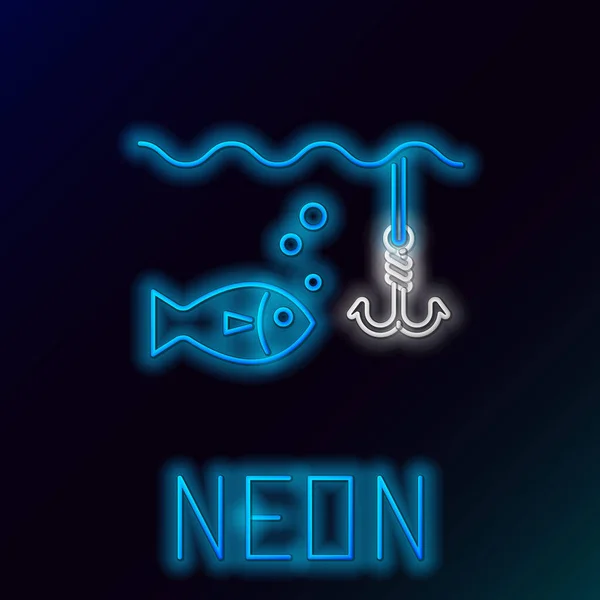 Blau leuchtende Leuchtleine Angelhaken unter Wasser mit Fisch-Symbol isoliert auf schwarzem Hintergrund. Angeln. Buntes Rahmenkonzept. Vektorillustration — Stockvektor