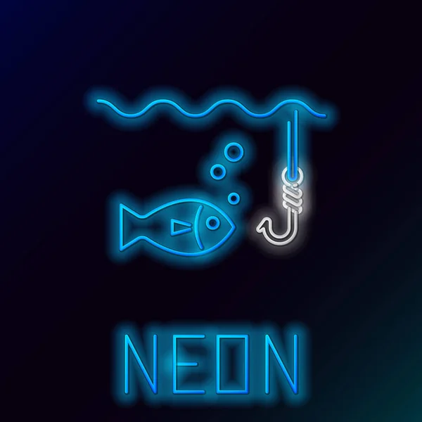 Blue glowing neon line Fishing hook under water with fish icon isolated on black background. Fishing tackle. Colorful outline concept. Vector Illustration — ストックベクタ