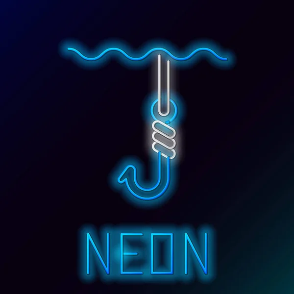 Blauwe gloeiende neon lijn Vishaak onder water pictogram geïsoleerd op zwarte achtergrond. Visserij tackle. Kleurrijk concept. Vector Illustratie — Stockvector